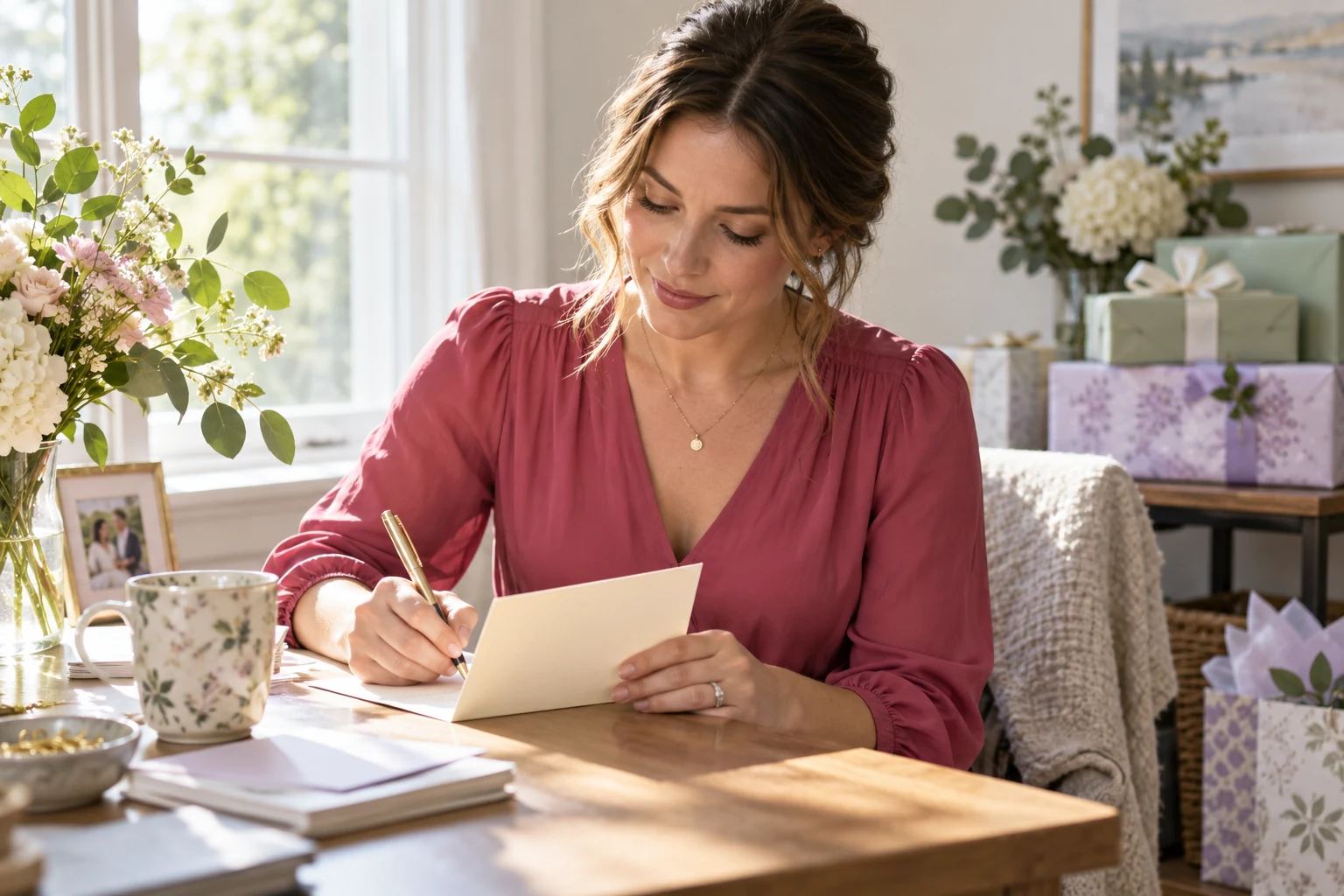 A woman writes a personal thank-you note after a celebration.
