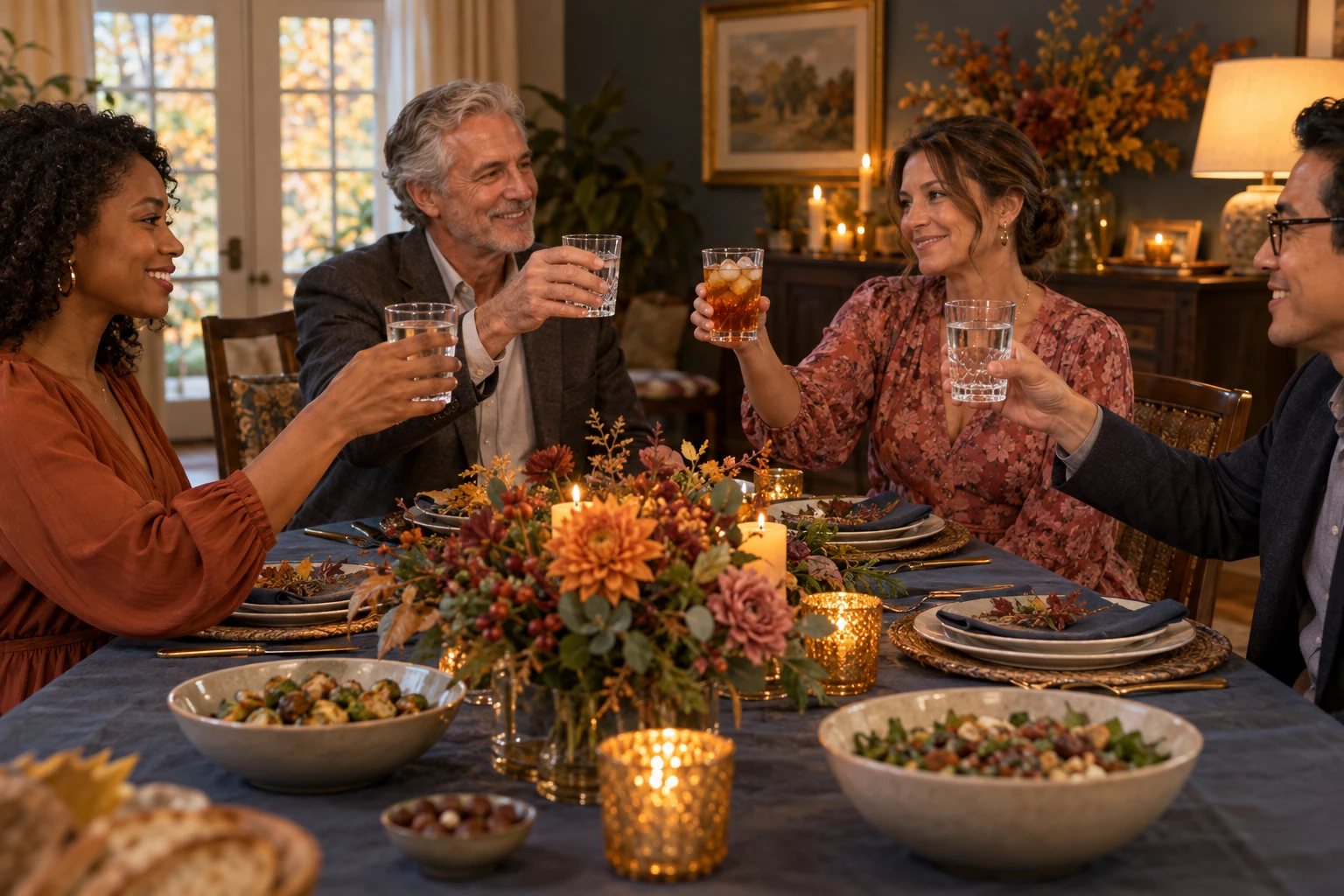 Guests lift glasses of water and tea to share good wishes across a dinner table.