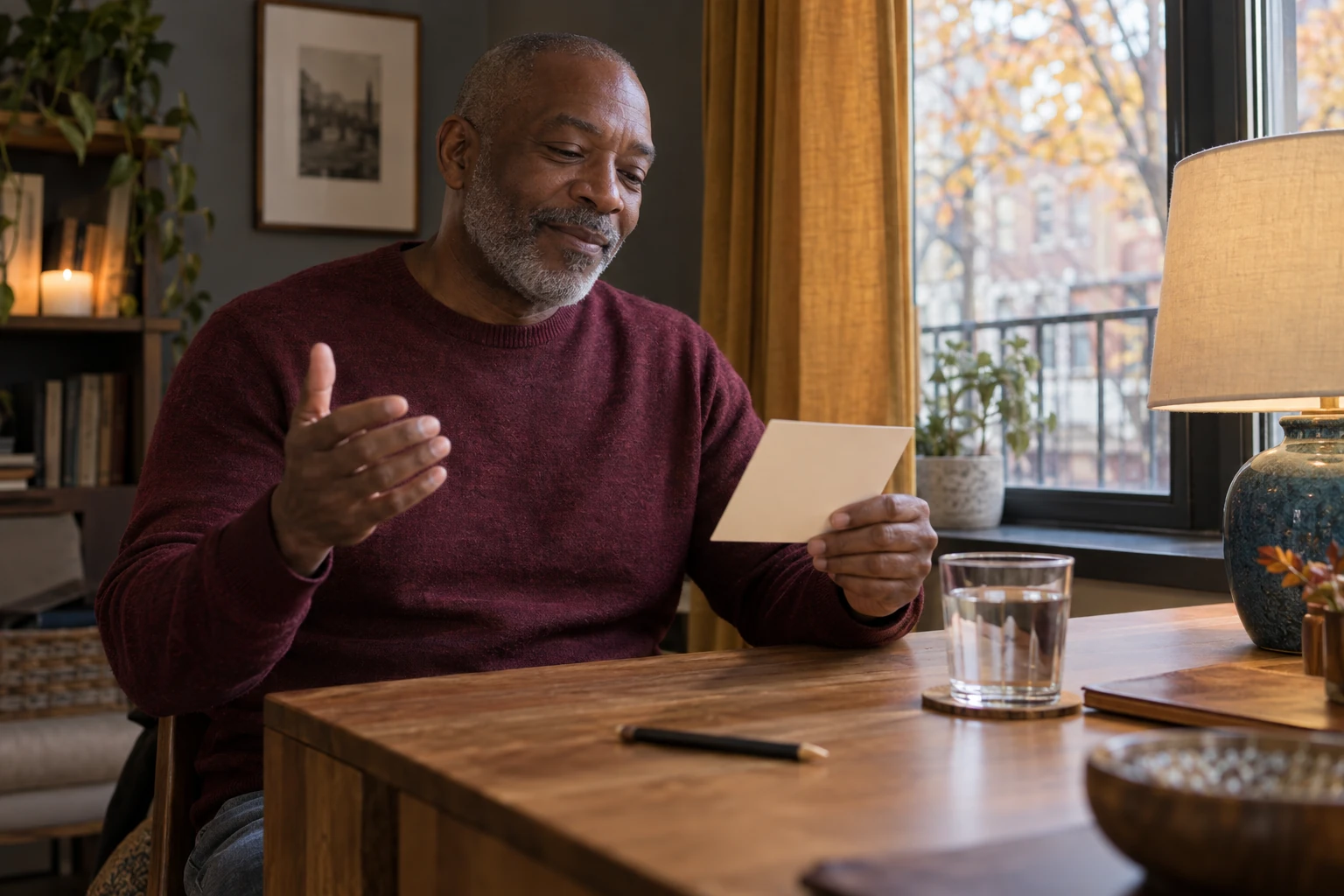 A man rehearses a toast from a small card beside a glass of water.