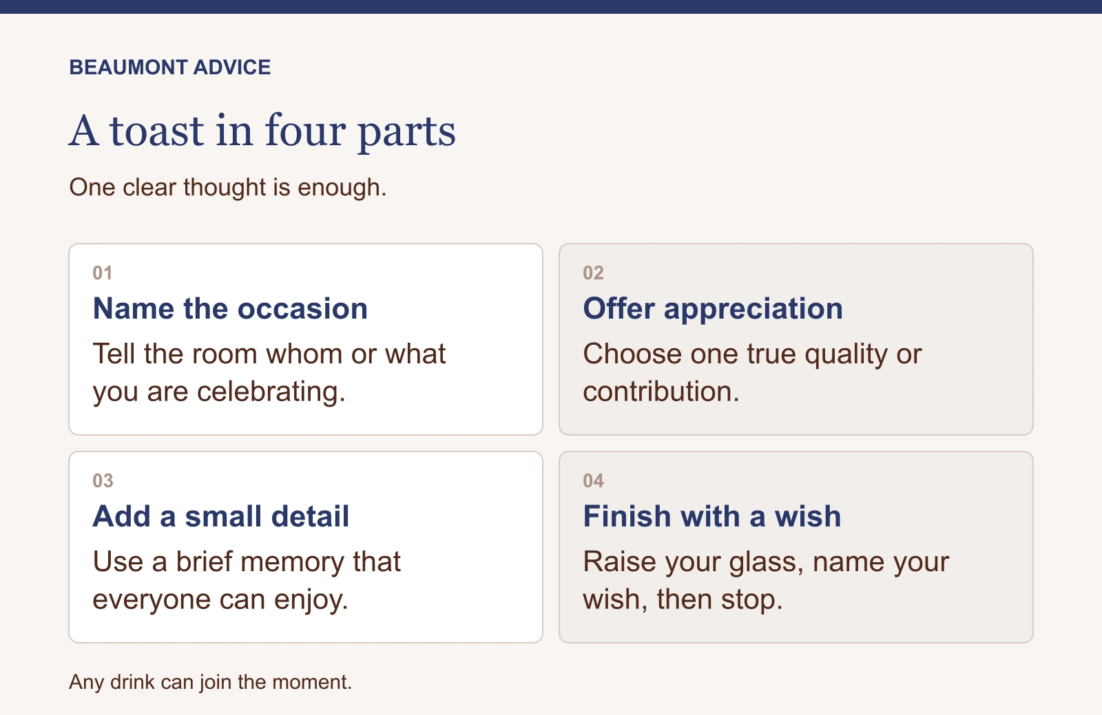 Four-part toast structure: name the occasion, offer appreciation, add a small detail, and finish with a wish.