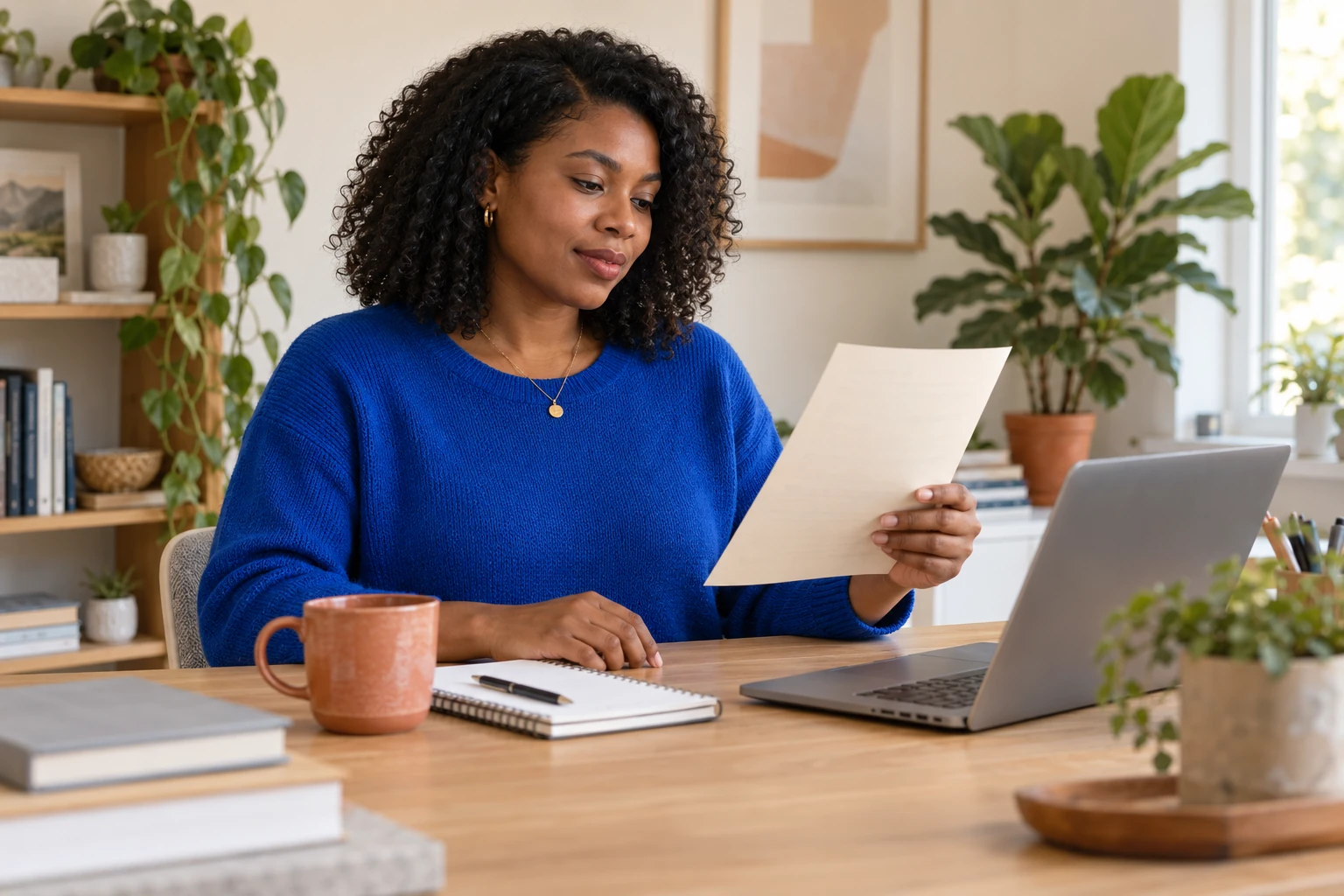 A professional reviews notes before sending another message.