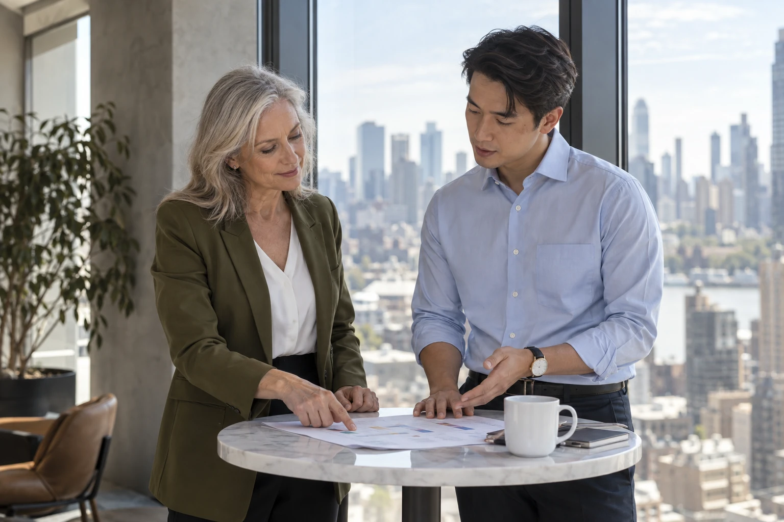 Two colleagues discuss a deadline privately beside an office window.