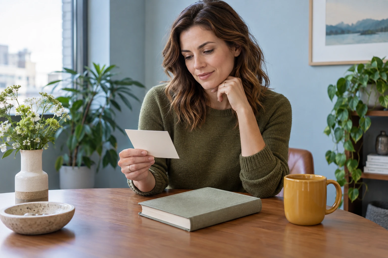 A colleague chooses a small book and card for a workplace celebration.