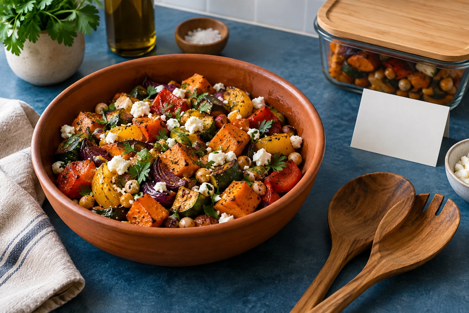 A salad, serving utensils, and an ingredient card are ready for a shared meal.