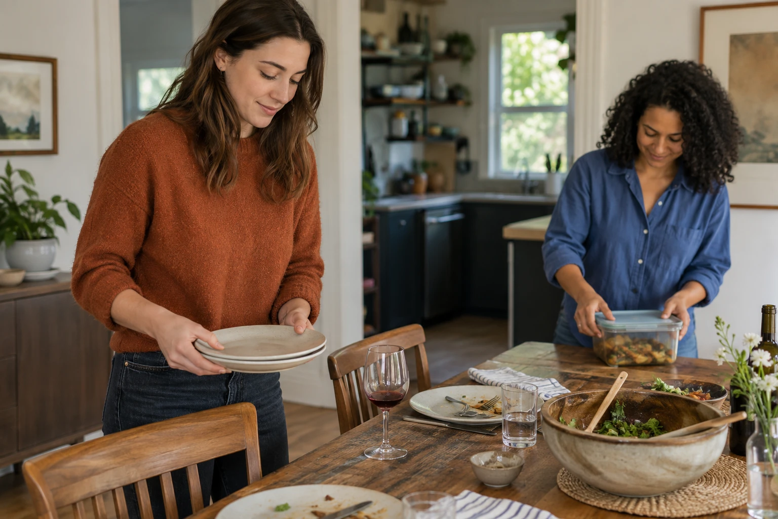 Two guests help clear plates and pack agreed leftovers after dinner.