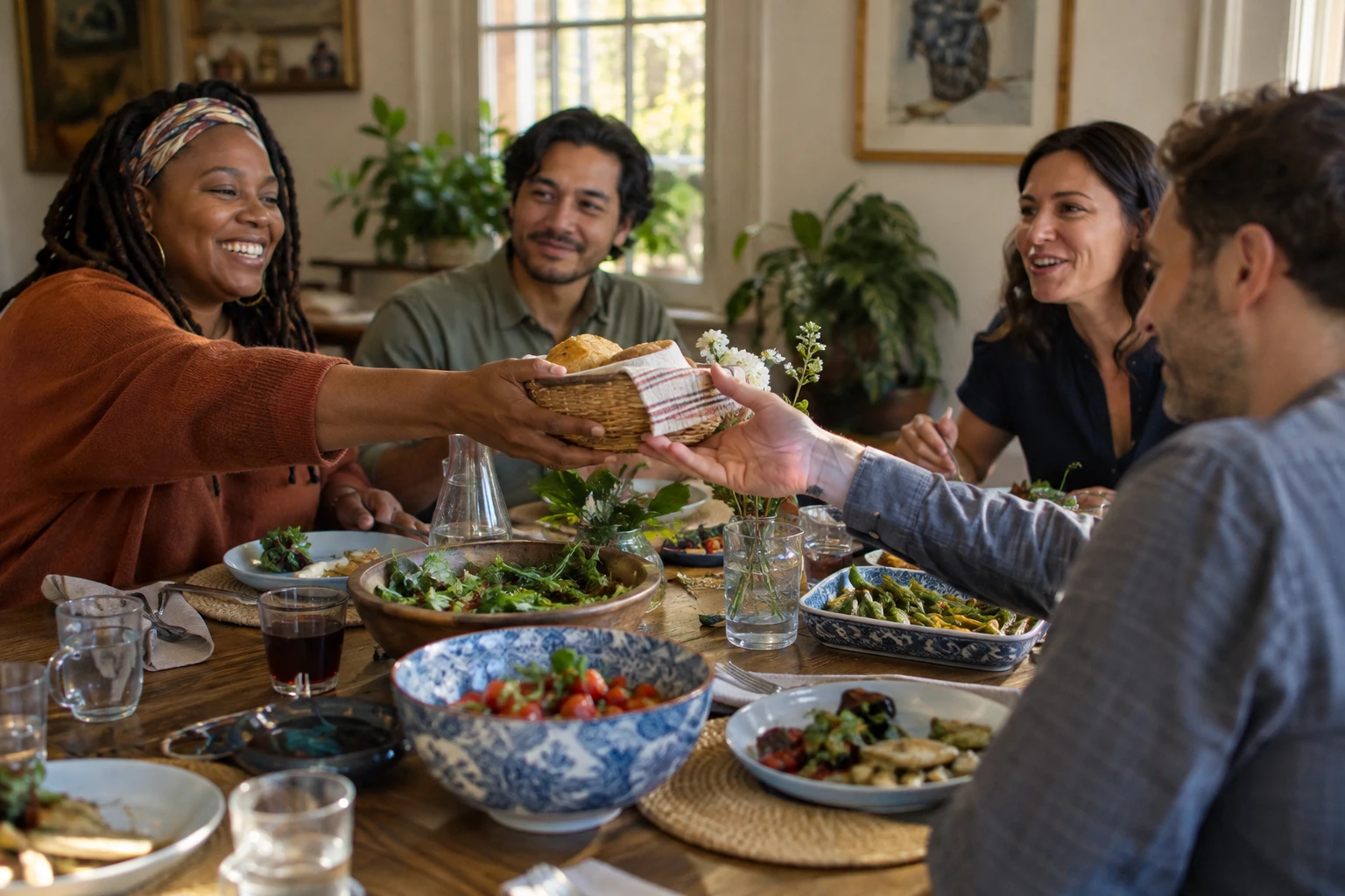 Friends share food and conversation around a potluck table.