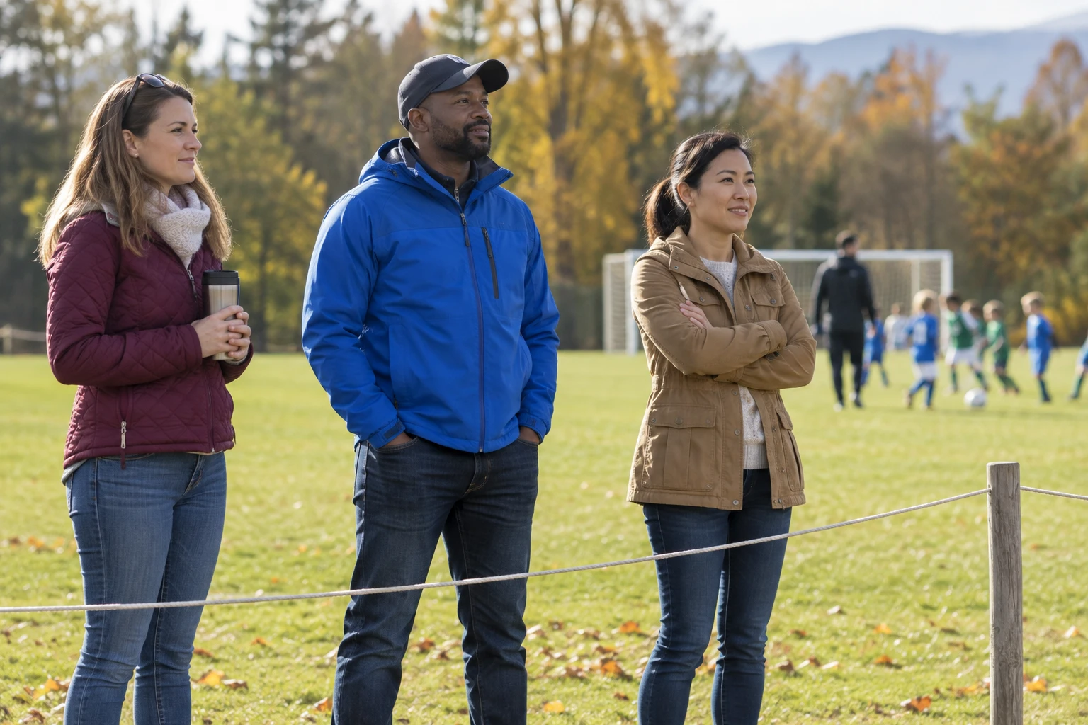 Families share the viewing space respectfully at a youth sports match.