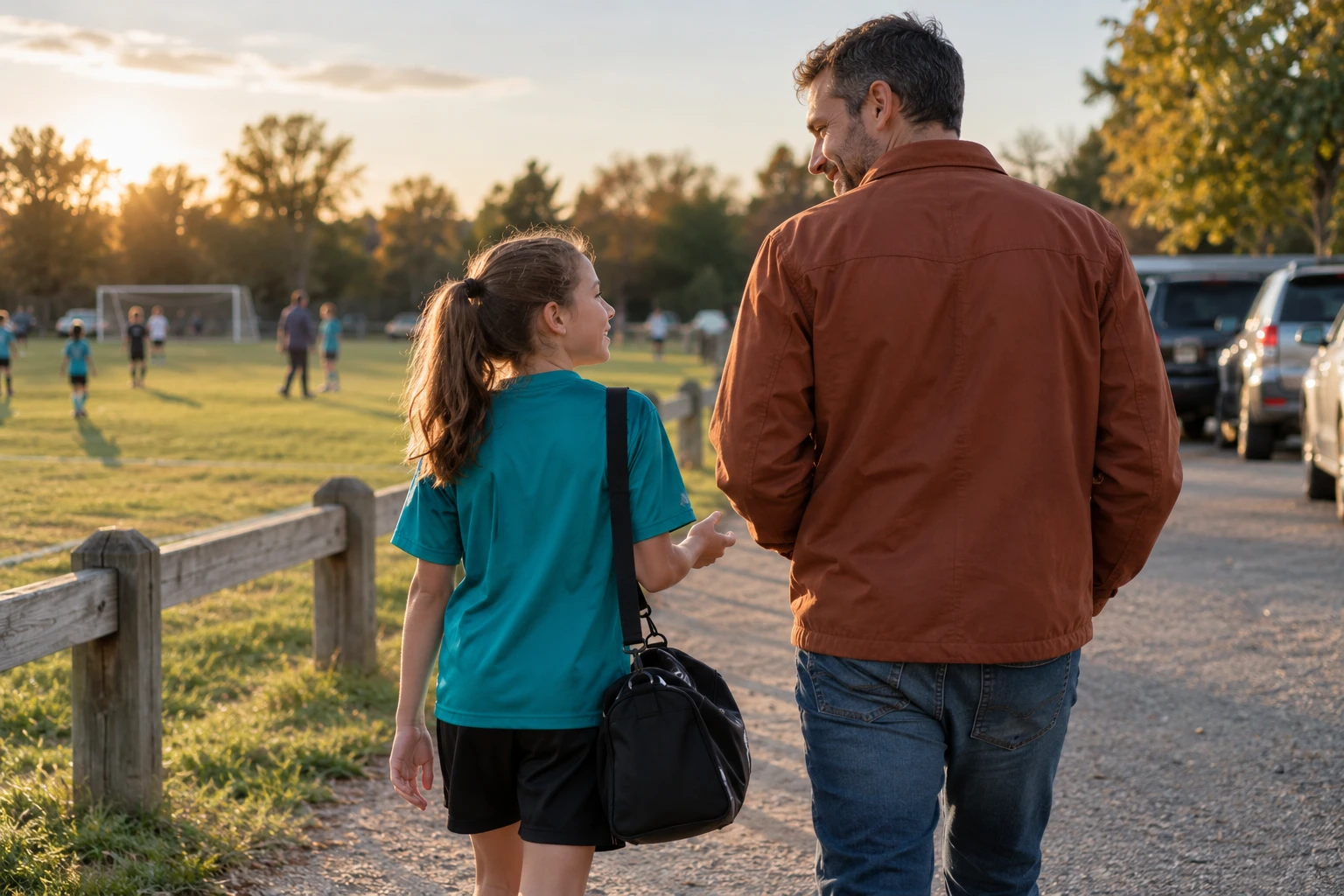 A parent listens to a child as they leave the sports field together.
