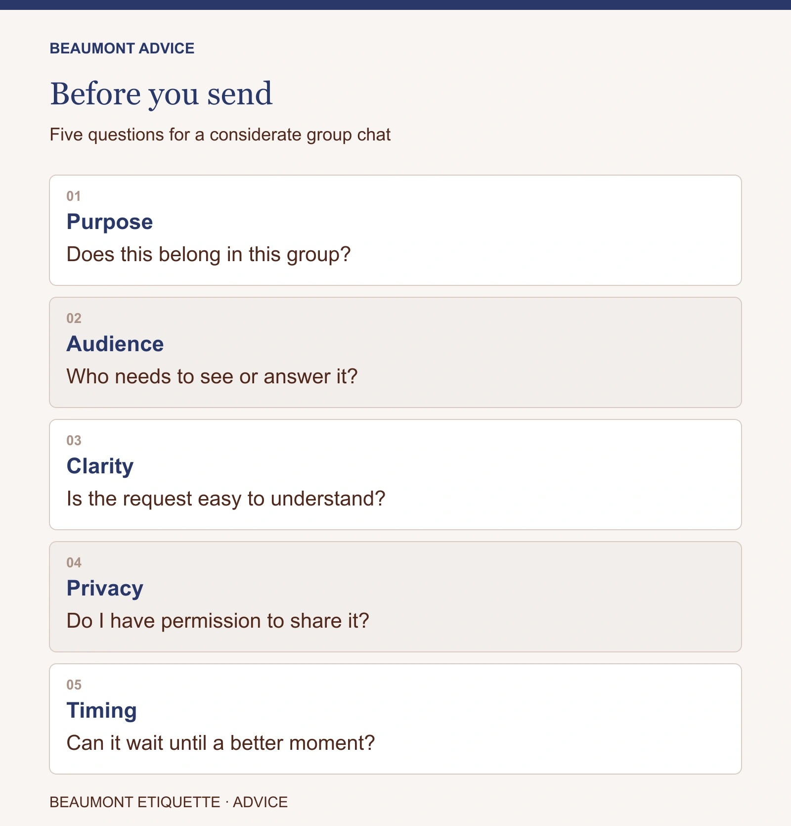 Before you send: Purpose, Does this belong in this group? Audience, Who needs to see or answer it? Clarity, Is the request easy to understand? Privacy, Do I have permission to share it? Timing, Can it wait until a better moment?