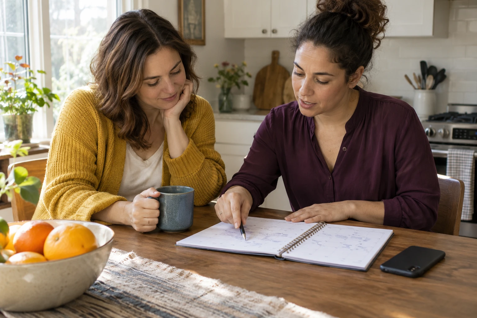 Two friends discuss a shared plan before sending details to a group.