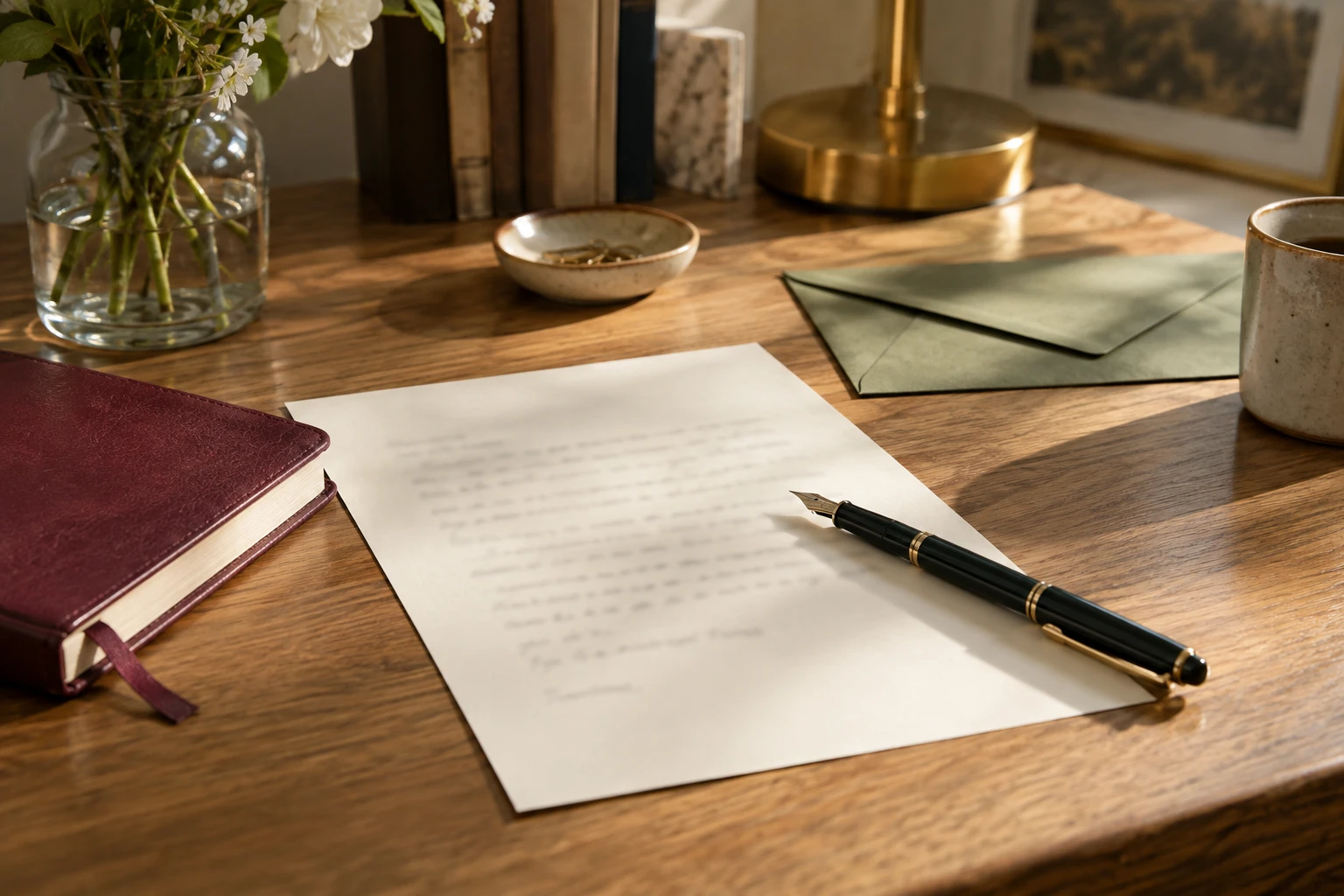 A letter, pen, and envelope are arranged for a final review.