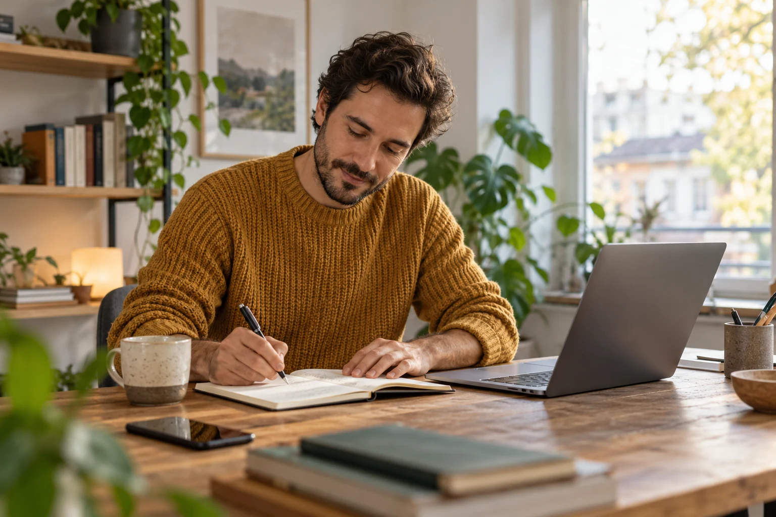 Professional making a review note beside a laptop in a sunlit workspace.