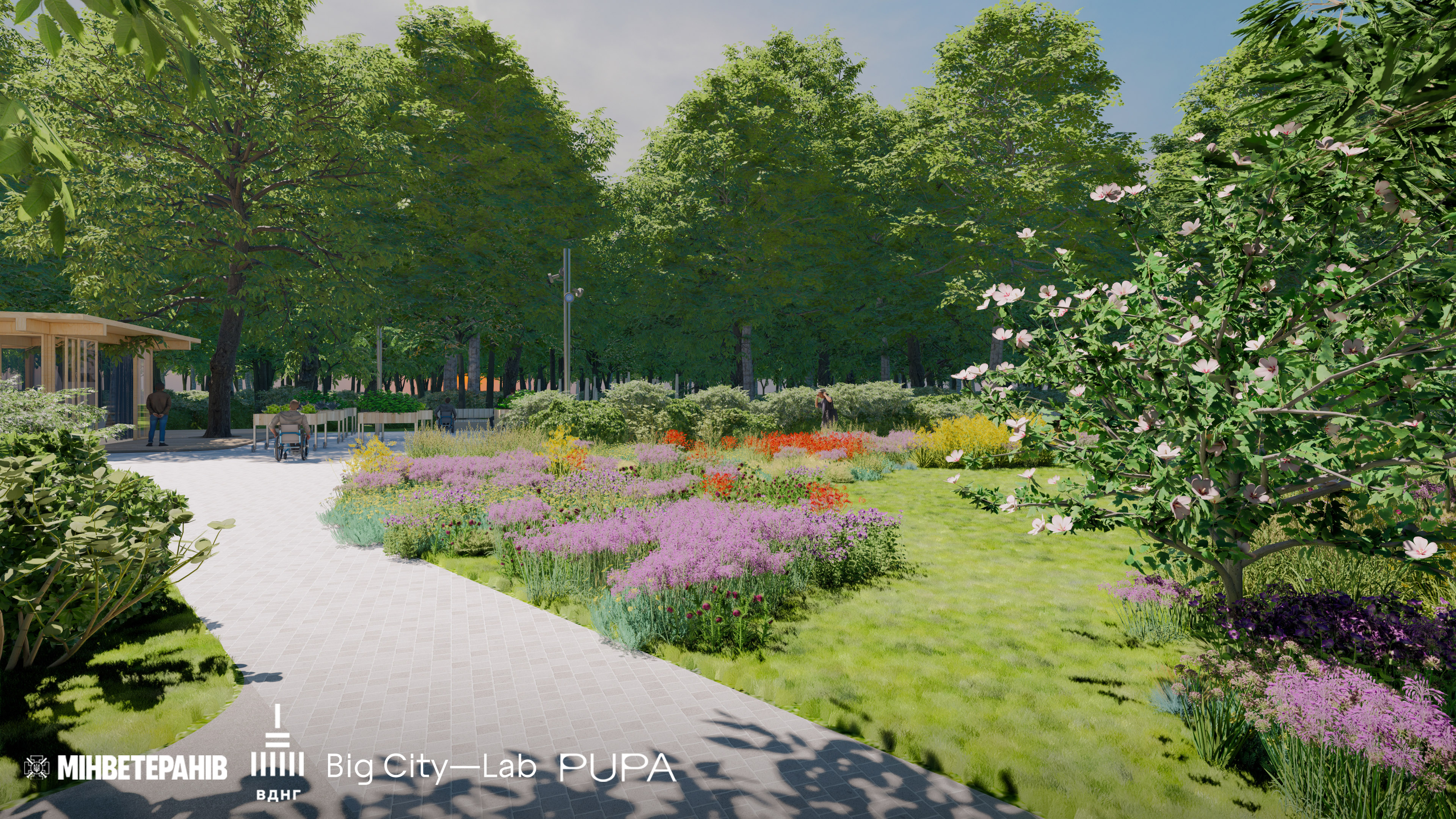 3D візуалізація алеї з квітковими клумбами та газонами в терапевтичному саду ВДНГ Київ