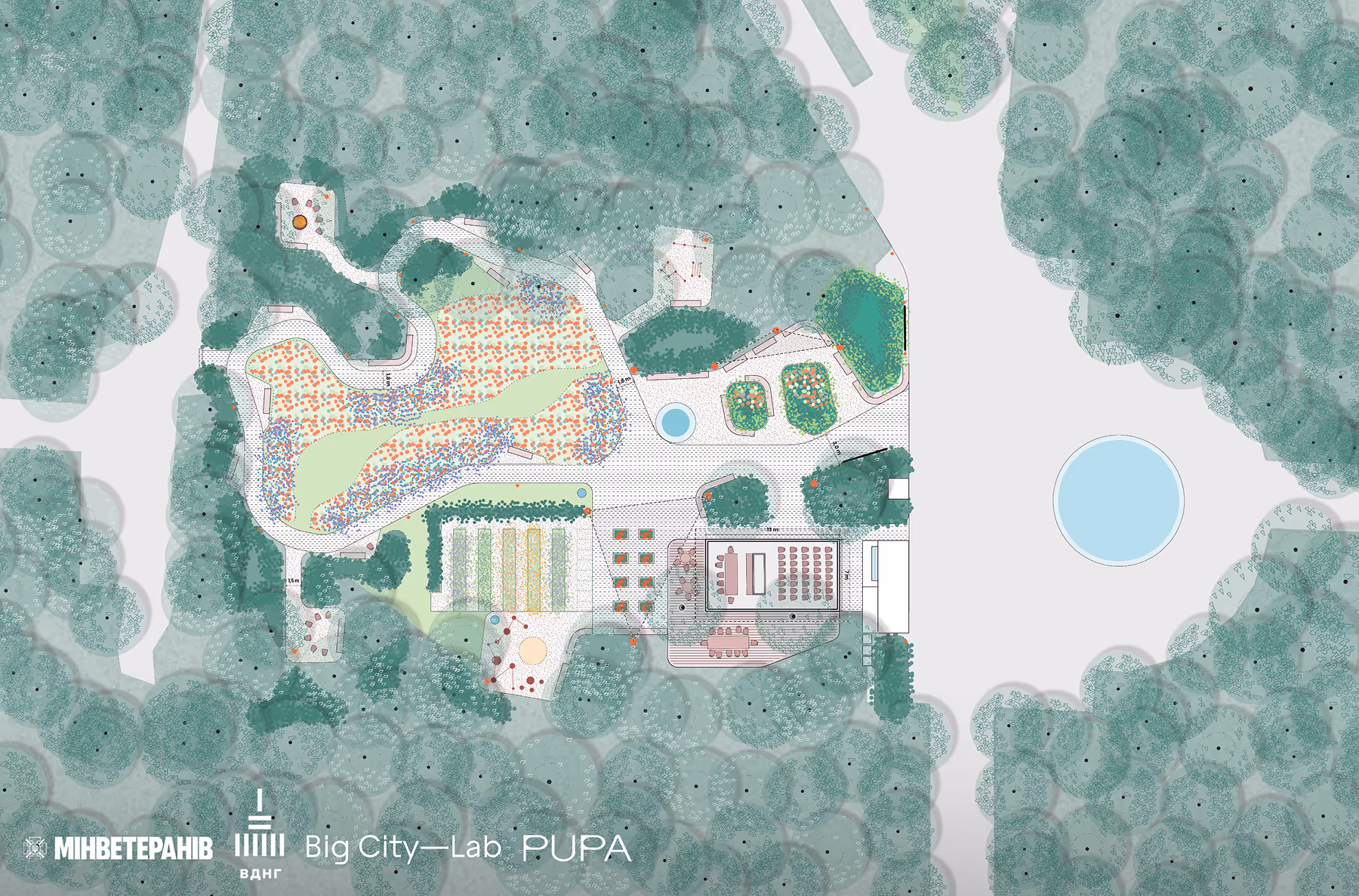 Ландшафтний план терапевтичного саду ВДНГ з висоти пташиного польоту - проєкт Big City Lab та PUPA