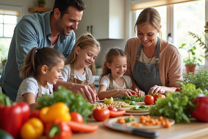 Freshly prepared meal on a plate, surrounded by healthy ingredients in a well-lit kitchen