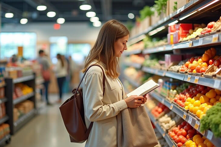 Smart grocery shopping for budget family meals, showing price comparison and selection of seasonal produce.