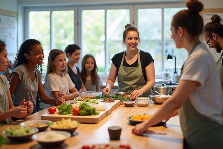 Organised meal prep containers with budget-friendly ingredients, including vegetables, grains, and proteins for batch cooking.