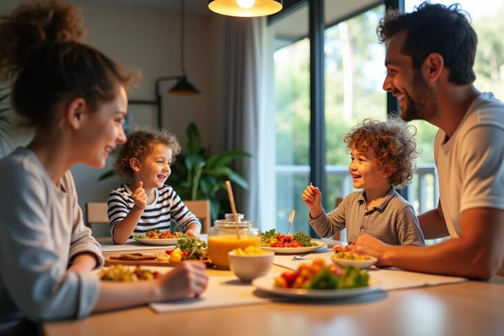 Freshly prepared meal on a plate, surrounded by healthy ingredients in a well-lit kitchen
