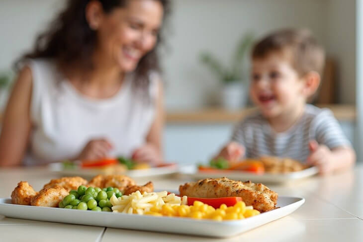 Interactive finger foods and child-friendly meal components arranged for easy eating by fussy kids. 