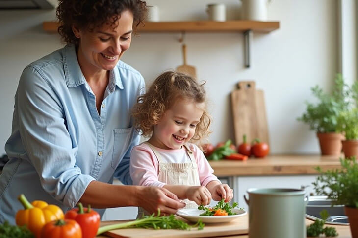 Australian parent and child cooking together, building positive relationships with food for fussy eaters.
