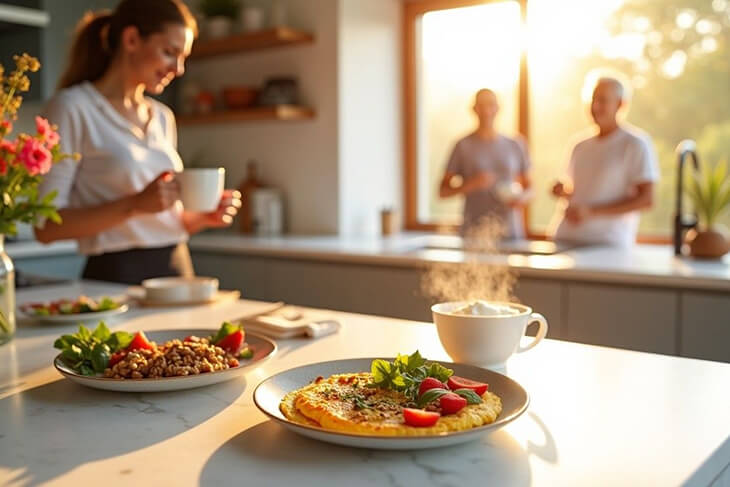 Protein-rich gluten free sugar free breakfast spread with Australian professionals starting their day.