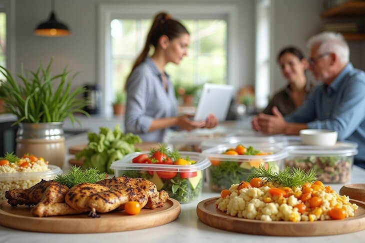 Meal prep containers with gluten free sugar free meals in foreground, busy Australian professionals in background.