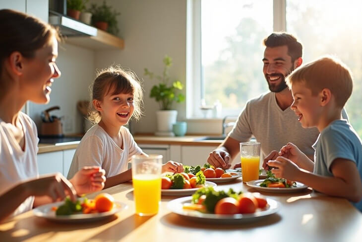 Freshly prepared meal on a plate, surrounded by healthy ingredients in a well-lit kitchen