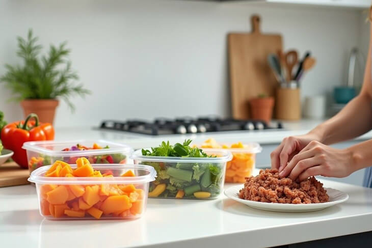 Organised meal prep setup for busy parents making easy kids meals.artwork