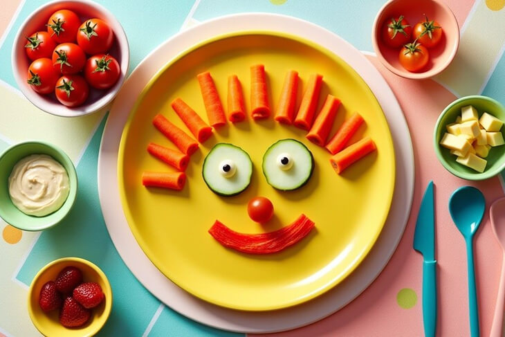 Fun vegetable face plate with healthy dips for kids.artwork