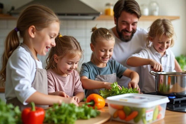 Australian family building healthy eating habits by cooking together.artwork