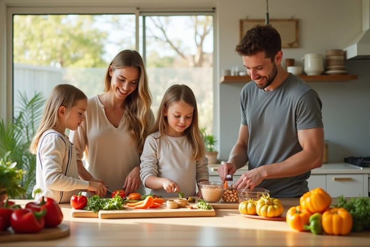Freshly prepared meal on a plate, surrounded by healthy ingredients in a well-lit kitchen