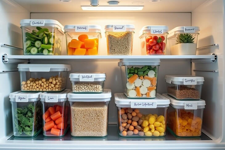 Organised family fridge with labelled meal prep containers ready for the week.artwork