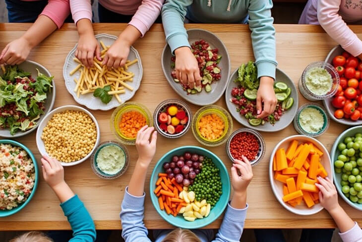 Family-friendly meal prep spread with build-your-own options and healthy choices.artwork