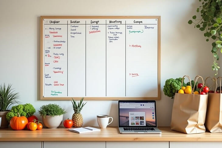  Meal planning setup with weekly planner, fresh groceries and shopping list.artwork