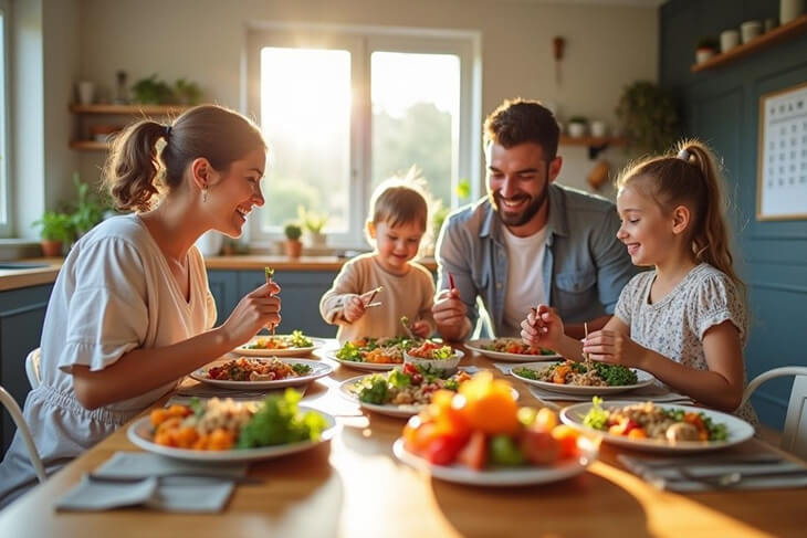 Freshly prepared meal on a plate, surrounded by healthy ingredients in a well-lit kitchen