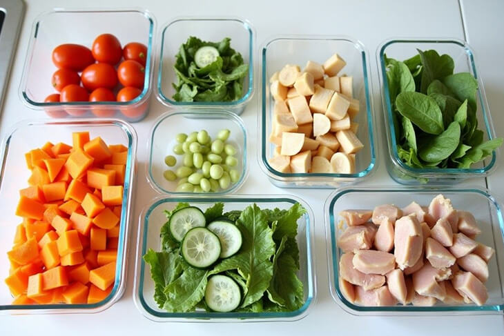 Organised meal prep containers with fresh ingredients for family weekly meals.