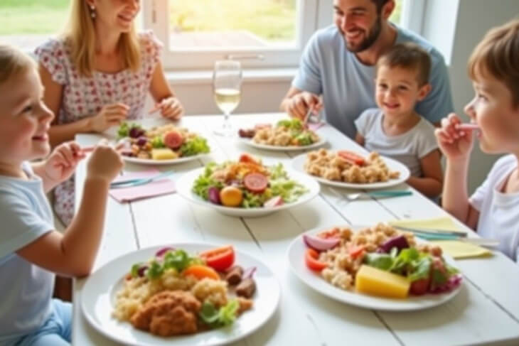 Five family-friendly dinner ideas on table with Australian family enjoying mealtime together.