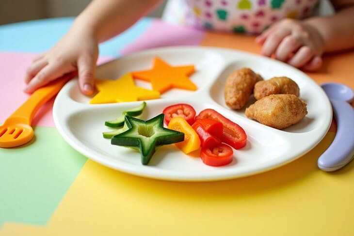 Child-friendly meal presentation with fun vegetable shapes and colourful healthy foods.