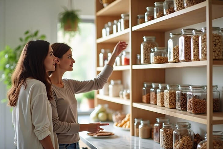 Freshly prepared meal on a plate, surrounded by healthy ingredients in a well-lit kitchen