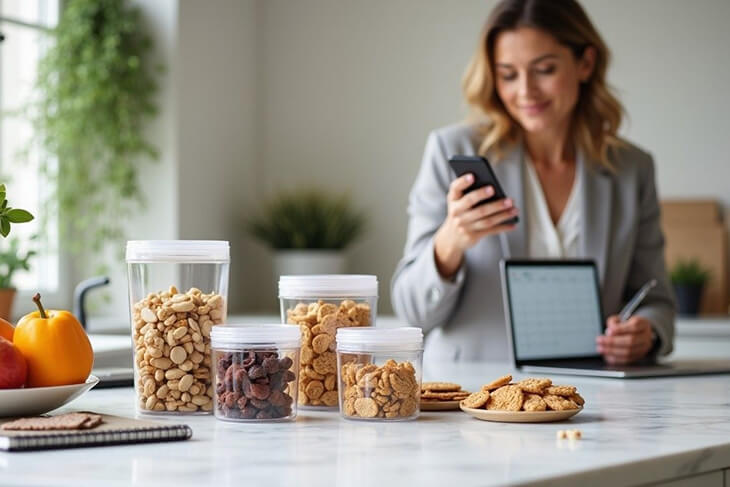  Professional woman meal planning with healthy pantry snacks organised on kitchen counter alongside fresh foods and planning materials
