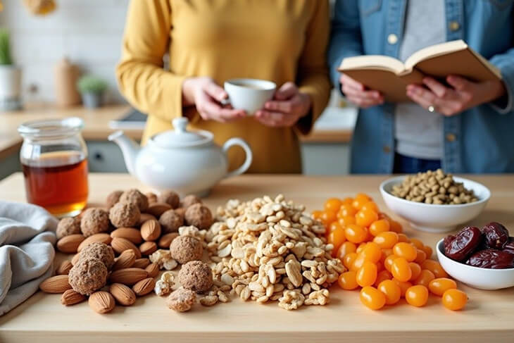 Empty nesters preparing healthy snacks in kitchen with variety of nuts, dried fruits, seeds and energy balls on wooden counter