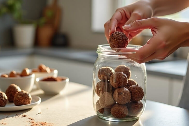 Hands storing homemade protein energy balls in glass jar with healthy ingredients visible