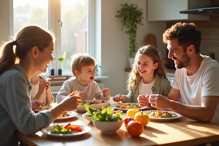 Freshly prepared meal on a plate, surrounded by healthy ingredients in a well-lit kitchen