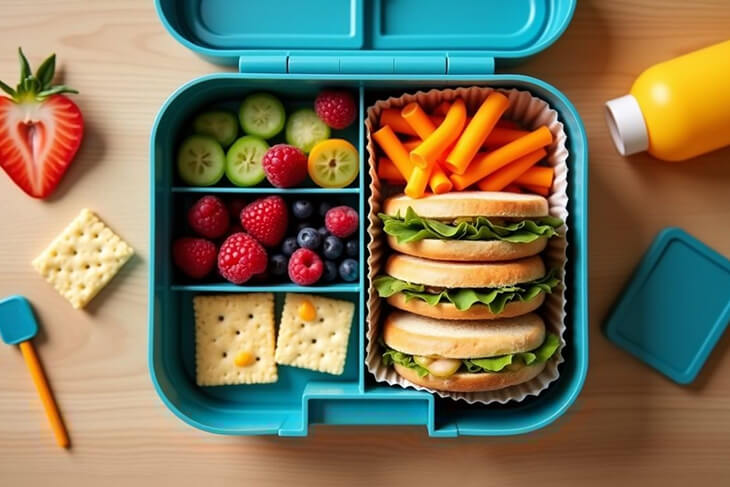 Nutritious bento box lunch with a variety of healthy foods for school.