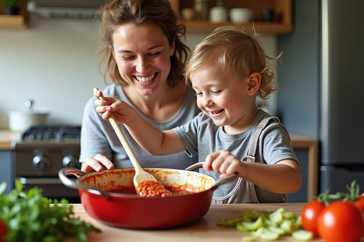 Parent and child cooking together adding vegetables to pasta sauce.