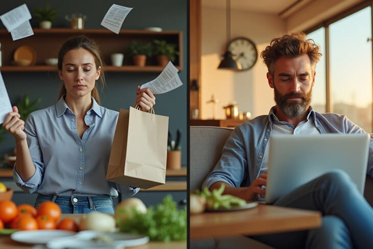 Busy professional saving time and money with convenient meal delivery solutions.