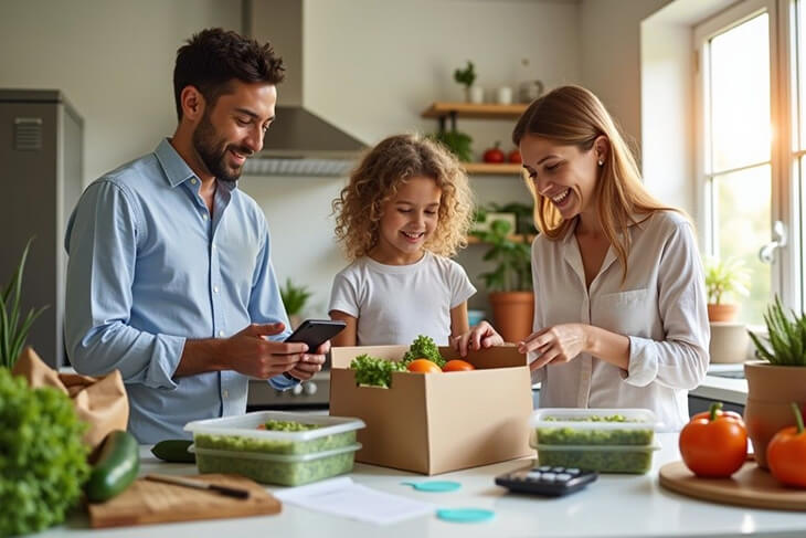 Freshly prepared meal on a plate, surrounded by healthy ingredients in a well-lit kitchen