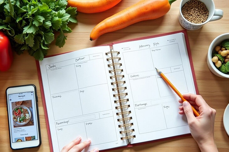 Meal planning setup with fresh ingredients to save money on groceries.