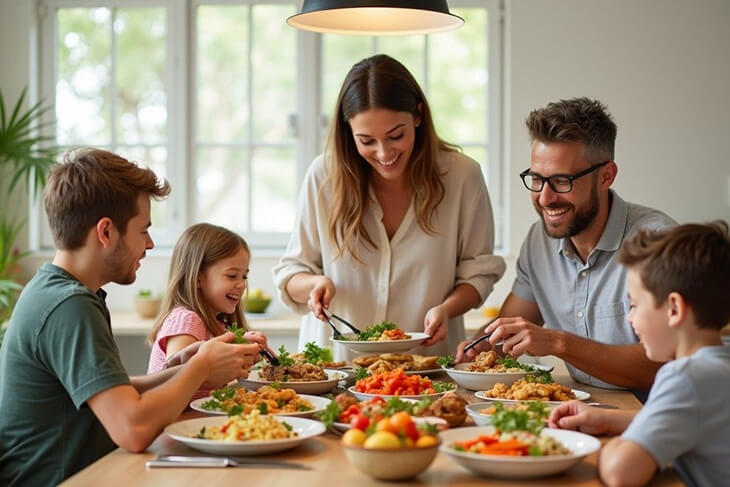 Freshly prepared meal on a plate, surrounded by healthy ingredients in a well-lit kitchen