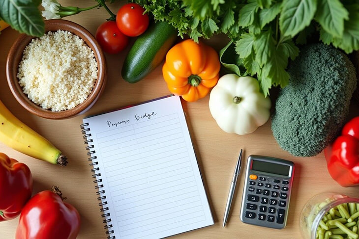Budget grocery shopping for healthy family meals with meal planning list. 
